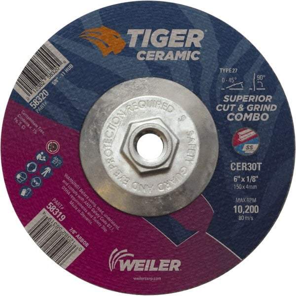 Weiler - 30 Grit, 6" Wheel Diam, Type 27 Depressed Center Wheel - Hard Grade, Ceramic, T Hardness, 10,200 Max RPM - Americas Industrial Supply