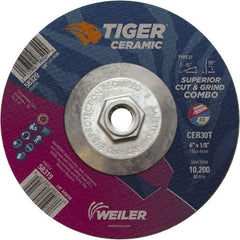 Weiler - 30 Grit, 6" Wheel Diam, Type 27 Depressed Center Wheel - Hard Grade, Ceramic, T Hardness, 10,200 Max RPM - Americas Industrial Supply