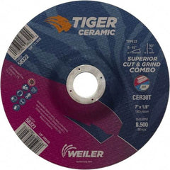 Weiler - 30 Grit, 7" Wheel Diam, 7/8" Arbor Hole, Type 27 Depressed Center Wheel - Hard Grade, Ceramic, T Hardness, 8,500 Max RPM - Americas Industrial Supply