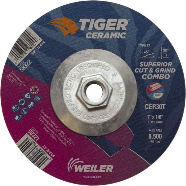 Weiler - 30 Grit, 7" Wheel Diam, Type 27 Depressed Center Wheel - Hard Grade, Ceramic, T Hardness, 8,500 Max RPM - Americas Industrial Supply