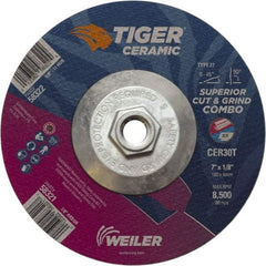 Weiler - 30 Grit, 7" Wheel Diam, Type 27 Depressed Center Wheel - Hard Grade, Ceramic, T Hardness, 8,500 Max RPM - Americas Industrial Supply