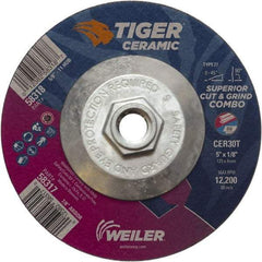 Weiler - 30 Grit, 5" Wheel Diam, Type 27 Depressed Center Wheel - Hard Grade, Ceramic, T Hardness, 12,200 Max RPM - Americas Industrial Supply