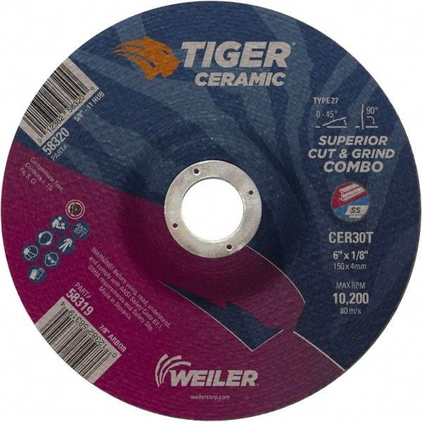 Weiler - 30 Grit, 6" Wheel Diam, 7/8" Arbor Hole, Type 27 Depressed Center Wheel - Hard Grade, Ceramic, T Hardness, 10,200 Max RPM - Americas Industrial Supply