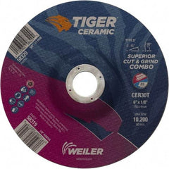 Weiler - 30 Grit, 6" Wheel Diam, 7/8" Arbor Hole, Type 27 Depressed Center Wheel - Hard Grade, Ceramic, T Hardness, 10,200 Max RPM - Americas Industrial Supply