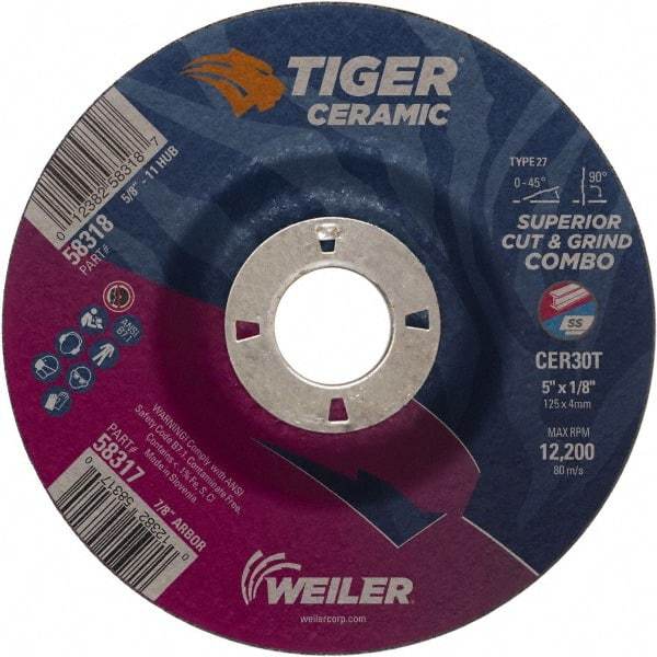 Weiler - 30 Grit, 5" Wheel Diam, 7/8" Arbor Hole, Type 27 Depressed Center Wheel - Hard Grade, Ceramic, T Hardness, 12,200 Max RPM - Americas Industrial Supply