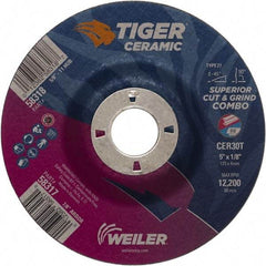 Weiler - 30 Grit, 5" Wheel Diam, 7/8" Arbor Hole, Type 27 Depressed Center Wheel - Hard Grade, Ceramic, T Hardness, 12,200 Max RPM - Americas Industrial Supply
