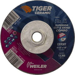 Weiler - 30 Grit, 4-1/2" Wheel Diam, Type 27 Depressed Center Wheel - Hard Grade, Ceramic, T Hardness, 13,300 Max RPM - Americas Industrial Supply