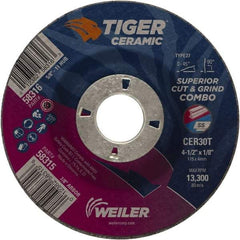 Weiler - 30 Grit, 4-1/2" Wheel Diam, 7/8" Arbor Hole, Type 27 Depressed Center Wheel - Hard Grade, Ceramic, T Hardness, 13,300 Max RPM - Americas Industrial Supply