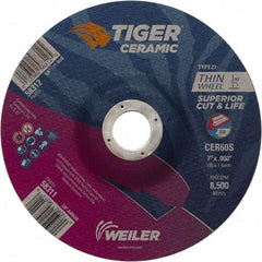 Weiler - 60 Grit, 7" Wheel Diam, 7/8" Arbor Hole, Type 27 Depressed Center Wheel - Medium Grade, Ceramic, S Hardness, 8,500 Max RPM - Americas Industrial Supply