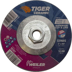 Weiler - 60 Grit, 5" Wheel Diam, Type 27 Depressed Center Wheel - Medium Grade, Ceramic, S Hardness, 12,200 Max RPM - Americas Industrial Supply