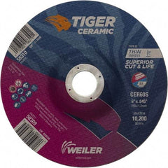 Weiler - 60 Grit, 6" Wheel Diam, 7/8" Arbor Hole, Type 27 Depressed Center Wheel - Medium Grade, Ceramic, S Hardness, 10,200 Max RPM - Americas Industrial Supply