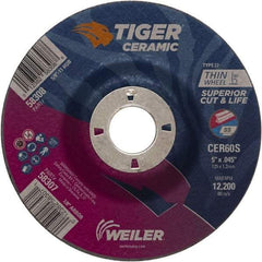 Weiler - 60 Grit, 5" Wheel Diam, 7/8" Arbor Hole, Type 27 Depressed Center Wheel - Medium Grade, Ceramic, S Hardness, 12,200 Max RPM - Americas Industrial Supply