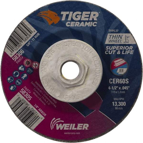 Weiler - 60 Grit, 4-1/2" Wheel Diam, Type 27 Depressed Center Wheel - Medium Grade, Ceramic, S Hardness, 13,300 Max RPM - Americas Industrial Supply