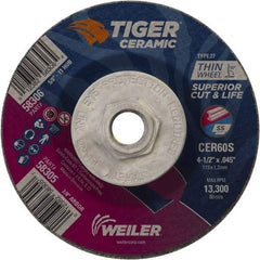 Weiler - 60 Grit, 4-1/2" Wheel Diam, Type 27 Depressed Center Wheel - Medium Grade, Ceramic, S Hardness, 13,300 Max RPM - Americas Industrial Supply