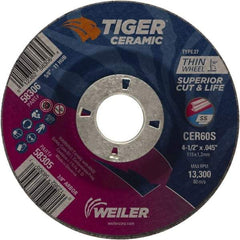 Weiler - 60 Grit, 4-1/2" Wheel Diam, 7/8" Arbor Hole, Type 27 Depressed Center Wheel - Medium Grade, Ceramic, S Hardness, 13,300 Max RPM - Americas Industrial Supply