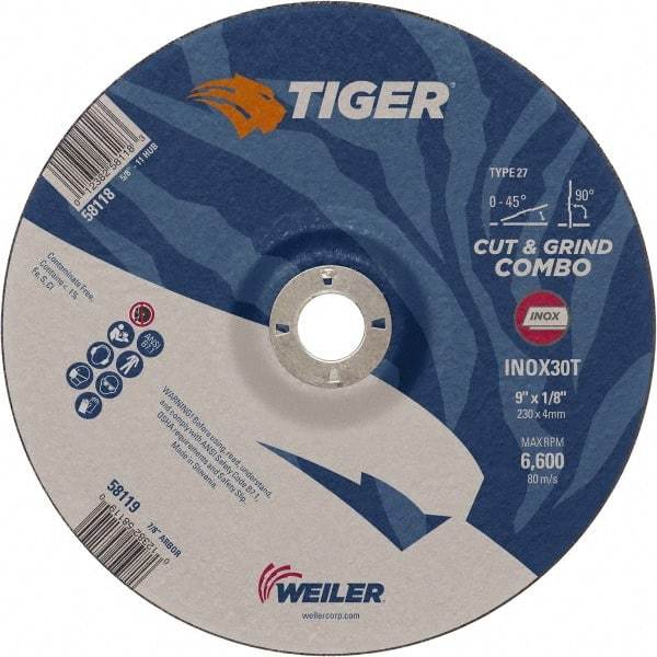 Weiler - 30 Grit, 9" Wheel Diam, 7/8" Arbor Hole, Type 27 Depressed Center Wheel - Hard Grade, Aluminum Oxide, T Hardness, 6,600 Max RPM - Americas Industrial Supply