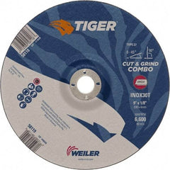 Weiler - 30 Grit, 9" Wheel Diam, 7/8" Arbor Hole, Type 27 Depressed Center Wheel - Hard Grade, Aluminum Oxide, T Hardness, 6,600 Max RPM - Americas Industrial Supply