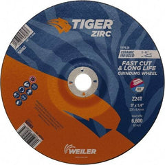 Weiler - 24 Grit, 9" Wheel Diam, 7/8" Arbor Hole, Type 28 Depressed Center Wheel - Hard Grade, Zirconia Alumina, T Hardness, 6,600 Max RPM - Americas Industrial Supply