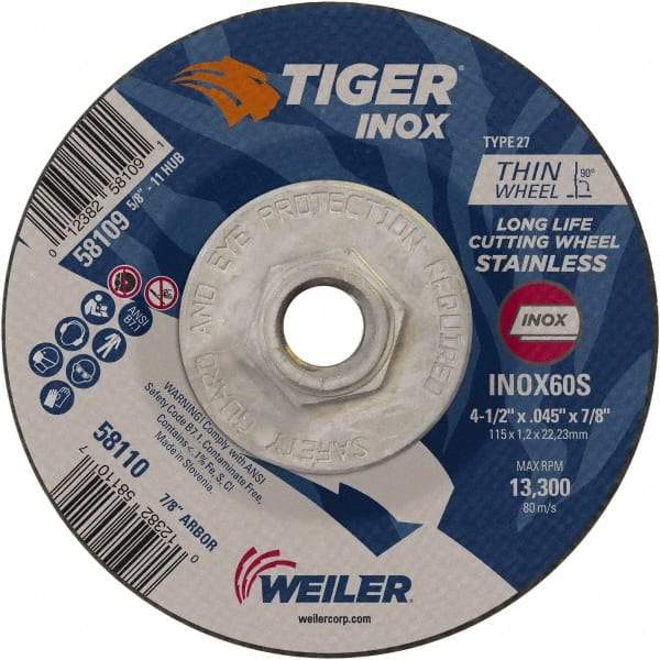 Weiler - 60 Grit, 4-1/2" Wheel Diam, Type 27 Depressed Center Wheel - Medium Grade, Aluminum Oxide, S Hardness, 13,300 Max RPM - Americas Industrial Supply