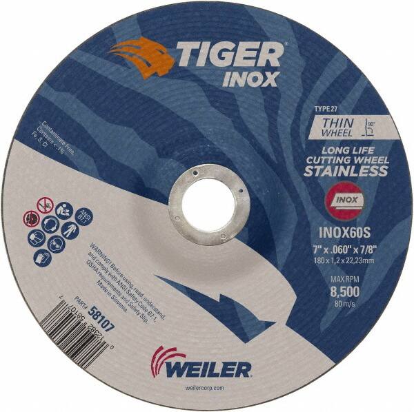 Weiler - 60 Grit, 7" Wheel Diam, 7/8" Arbor Hole, Type 27 Depressed Center Wheel - Medium Grade, Aluminum Oxide, S Hardness, 8,500 Max RPM - Americas Industrial Supply