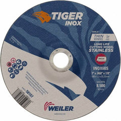 Weiler - 60 Grit, 7" Wheel Diam, 7/8" Arbor Hole, Type 27 Depressed Center Wheel - Medium Grade, Aluminum Oxide, S Hardness, 8,500 Max RPM - Americas Industrial Supply
