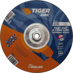 Weiler - 24 Grit, 9" Wheel Diam, Type 28 Depressed Center Wheel - Hard Grade, Zirconia Alumina, T Hardness, 6,600 Max RPM - Americas Industrial Supply