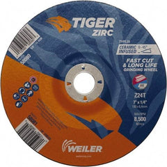Weiler - 24 Grit, 7" Wheel Diam, 7/8" Arbor Hole, Type 28 Depressed Center Wheel - Hard Grade, Zirconia Alumina, T Hardness, 8,500 Max RPM - Americas Industrial Supply