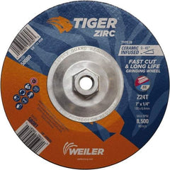Weiler - 24 Grit, 7" Wheel Diam, Type 28 Depressed Center Wheel - Hard Grade, Zirconia Alumina, T Hardness, 8,500 Max RPM - Americas Industrial Supply