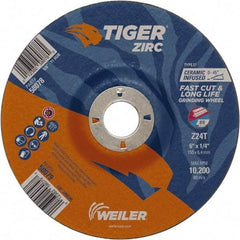 Weiler - 24 Grit, 6" Wheel Diam, 7/8" Arbor Hole, Type 27 Depressed Center Wheel - Hard Grade, Zirconia Alumina, T Hardness, 10,200 Max RPM - Americas Industrial Supply