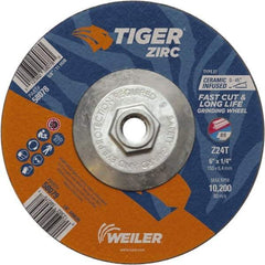 Weiler - 24 Grit, 6" Wheel Diam, Type 27 Depressed Center Wheel - Hard Grade, Zirconia Alumina, T Hardness, 10,200 Max RPM - Americas Industrial Supply