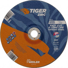 Weiler - 24 Grit, 9" Wheel Diam, 7/8" Arbor Hole, Type 27 Depressed Center Wheel - Hard Grade, Zirconia Alumina, T Hardness, 6,600 Max RPM - Americas Industrial Supply