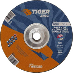 Weiler - 24 Grit, 9" Wheel Diam, Type 27 Depressed Center Wheel - Hard Grade, Zirconia Alumina, T Hardness, 6,600 Max RPM - Americas Industrial Supply