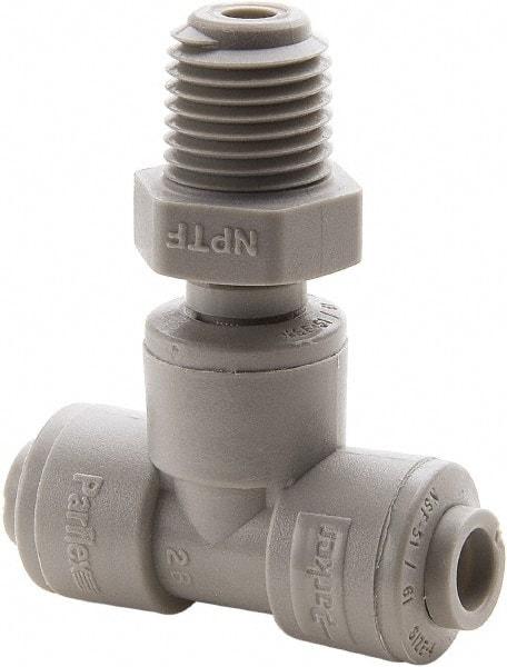 Parker - 3/8" Outside Diam, 1/8 NPTF, Acetal Push-to-Connect Tube Male Swivel Branch Tee - 300 Max psi, Gray - Americas Industrial Supply