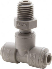 Parker - 3/8" Outside Diam, 1/4 NPTF, Acetal Push-to-Connect Tube Male Swivel Branch Tee - 300 Max psi, Gray - Americas Industrial Supply