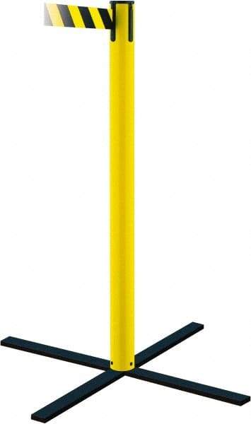 Tensator - 36" High, 5" Pole Diam, Stowaway Post - 22-3/4" Base Diam, Flat Metal Base, Yellow Plastic Post, 13' x 2" Tape, Single Line Tape, For Outdoor Use - Americas Industrial Supply