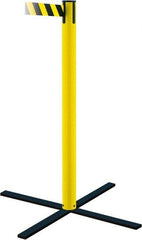 Tensator - 36" High, 5" Pole Diam, Stowaway Post - 22-3/4" Base Diam, Flat Metal Base, Yellow Plastic Post, 13' x 2" Tape, Single Line Tape, For Outdoor Use - Americas Industrial Supply