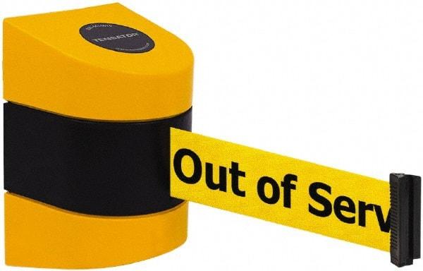 Tensator - 5" High x 3" Long x 3" Wide Barricade Tape Dispenser - Steel, Black Powdercoat Finish, Black/Yellow, Use with Tensabarrier - Americas Industrial Supply