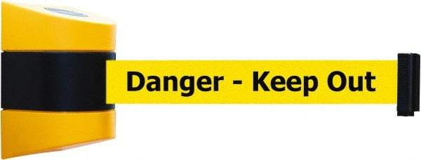 Tensator - 5" High x 3" Long x 3" Wide Barricade Tape Dispenser - Steel, Black Powdercoat Finish, Black/Yellow, Use with Tensabarrier - Americas Industrial Supply
