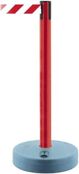 Tensator - 38" High, 2-1/2" Pole Diam, Barricade Tape Dispenser - 14" Base Diam, Round Plastic Base, Red Polymer Post, 7-1/2' x 1-7/8" Tape, Single Line Tape, For Outdoor Use - Americas Industrial Supply