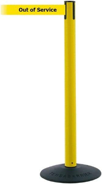 Tensator - 38" High, 2-1/2" Pole Diam, Barricade Tape Dispenser - 14" Base Diam, Round Stainless Steel Base, Black Polymer Post, 7-1/2' x 1-7/8" Tape, Single Line Tape, For Outdoor Use - Americas Industrial Supply