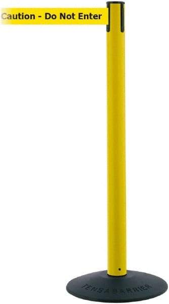 Tensator - 38" High, 2-1/2" Pole Diam, Barricade Tape Dispenser - 14" Base Diam, Round Stainless Steel Base, Black Polymer Post, 7-1/2' x 1-7/8" Tape, Single Line Tape, For Outdoor Use - Americas Industrial Supply