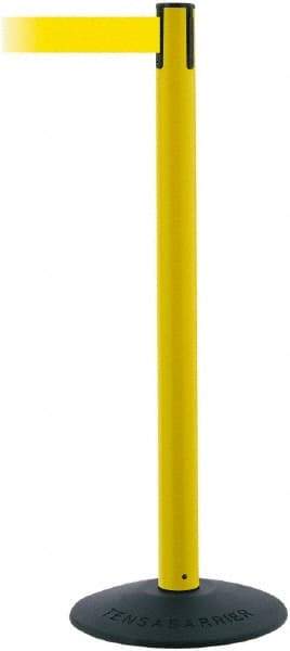 Tensator - 38" High, 2-1/2" Pole Diam, Barricade Tape Dispenser - 14" Base Diam, Round Stainless Steel Base, Black Polymer Post, 7-1/2' x 1-7/8" Tape, Single Line Tape, For Outdoor Use - Americas Industrial Supply