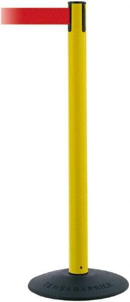 Tensator - 38" High, 2-1/2" Pole Diam, Barricade Tape Dispenser - 14" Base Diam, Round Stainless Steel Base, Black Polymer Post, 7-1/2' x 1-7/8" Tape, Single Line Tape, For Outdoor Use - Americas Industrial Supply