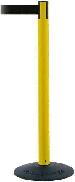 Tensator - 38" High, 2-1/2" Pole Diam, Barricade Tape Dispenser - 14" Base Diam, Round Stainless Steel Base, Yellow Polymer Post, 7-1/2' x 1-7/8" Tape, Single Line Tape, For Outdoor Use - Americas Industrial Supply