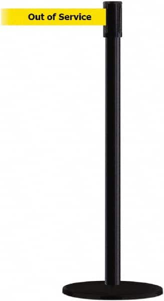 Tensator - 38" High, 2" Pole Diam, Barricade Tape Dispenser - 14" Base Diam, Round Plastic Base, Black Steel Post, 7-1/2' x 1-7/8" Tape, Single Line Tape, For Outdoor Use - Americas Industrial Supply