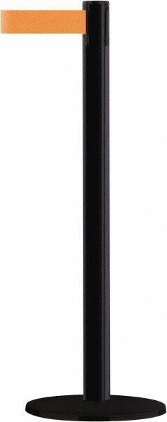 Tensator - 38" High, 2-1/2" Pole Diam, Barricade Tape Dispenser - 14" Base Diam, Round Stainless Steel Base, Black Steel Post, 13' x 1-7/8" Tape, Single Line Tape, For Outdoor Use - Americas Industrial Supply