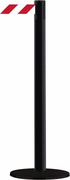 Tensator - 38" High, 2-1/2" Pole Diam, Barricade Tape Dispenser - 14" Base Diam, Round Stainless Steel Base, Black Steel Post, 13' x 1-7/8" Tape, Single Line Tape, For Outdoor Use - Americas Industrial Supply