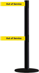 Tensator - 38" High, 2-1/2" Pole Diam, Barricade Tape Dispenser - 14" Base Diam, Round Plastic Base, Black Steel Post, 13' x 1-7/8" Tape, Dual Line Tape, For Outdoor Use - Americas Industrial Supply