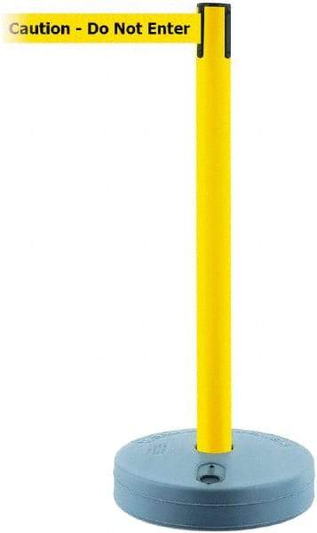Tensator - 38" High, 2-1/2" Pole Diam, Barricade Tape Dispenser - 14" Base Diam, Round Plastic Base, Yellow Polymer Post, 7-1/2' x 1-7/8" Tape, Single Line Tape, For Outdoor Use - Americas Industrial Supply