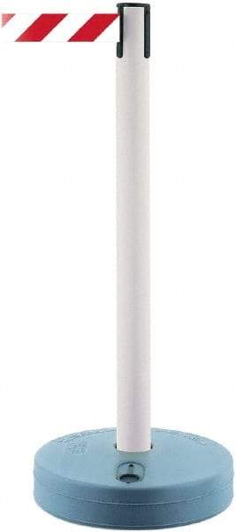 Tensator - 38" High, 2-1/2" Pole Diam, Barricade Tape Dispenser - 14" Base Diam, Round Plastic Base, White Polymer Post, 7-1/2' x 1-7/8" Tape, Single Line Tape, For Outdoor Use - Americas Industrial Supply
